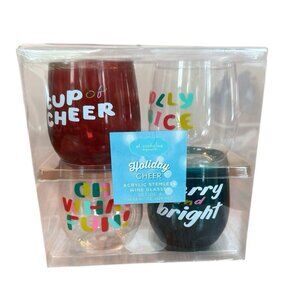 St. Nicholas Square Holiday Cheer Acrylic Stemless Wine Glasses 4 Pack Christmas